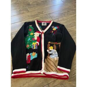 Vintage Storybook Knits Black Christmas Santa Button Cardigan Sweater Size Small